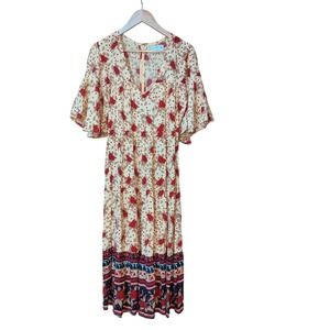 Faithfull the Brand Cream Maxi Dress with Red Floral and Navy Trim